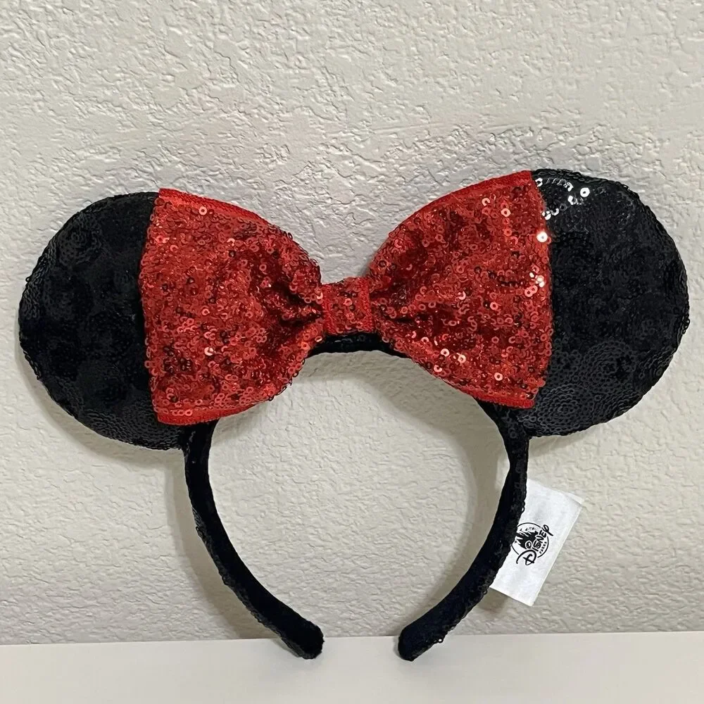 Disney Parks Minnie Mouse Ears Red Bow Black Sequin Headband